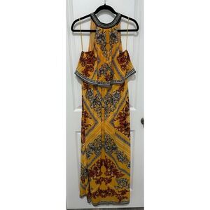 Jealous Tomato Yellow Baroque Print‎ Halter Maxi Dress Size L
